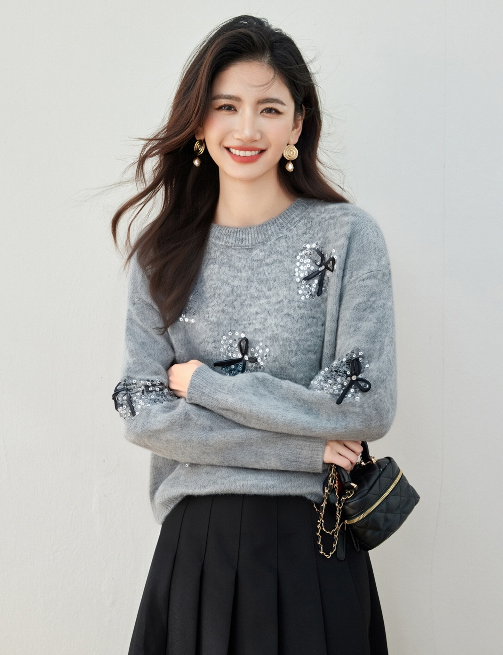 Red knitted sweater bow christmas bottoming shirt for women