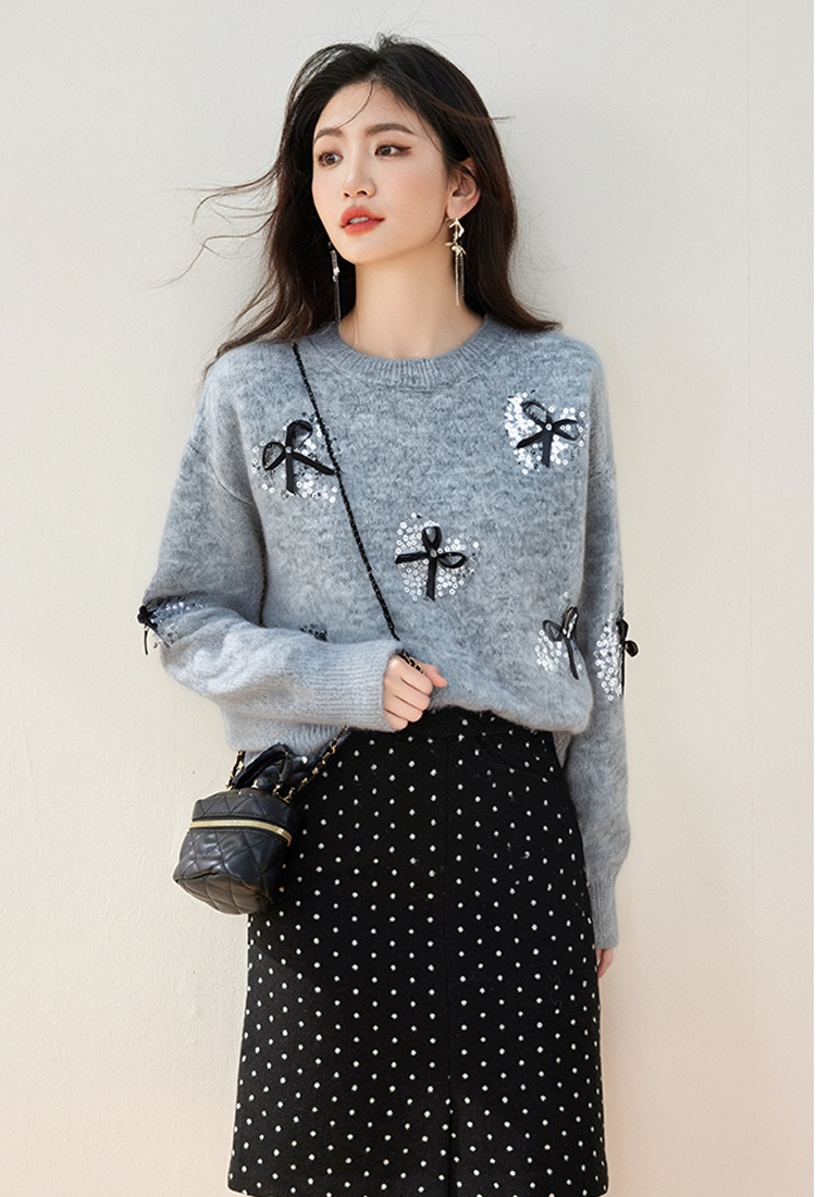Red knitted sweater bow christmas bottoming shirt for women