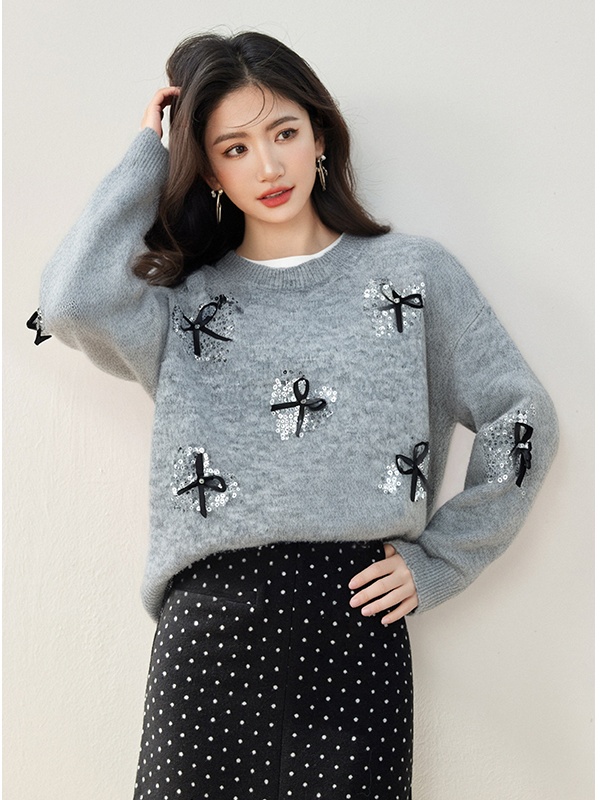 Red knitted sweater bow christmas bottoming shirt for women