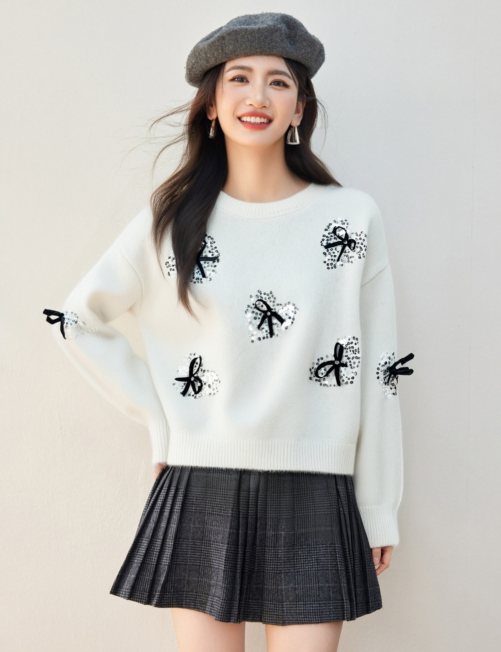 Red knitted sweater bow christmas bottoming shirt for women