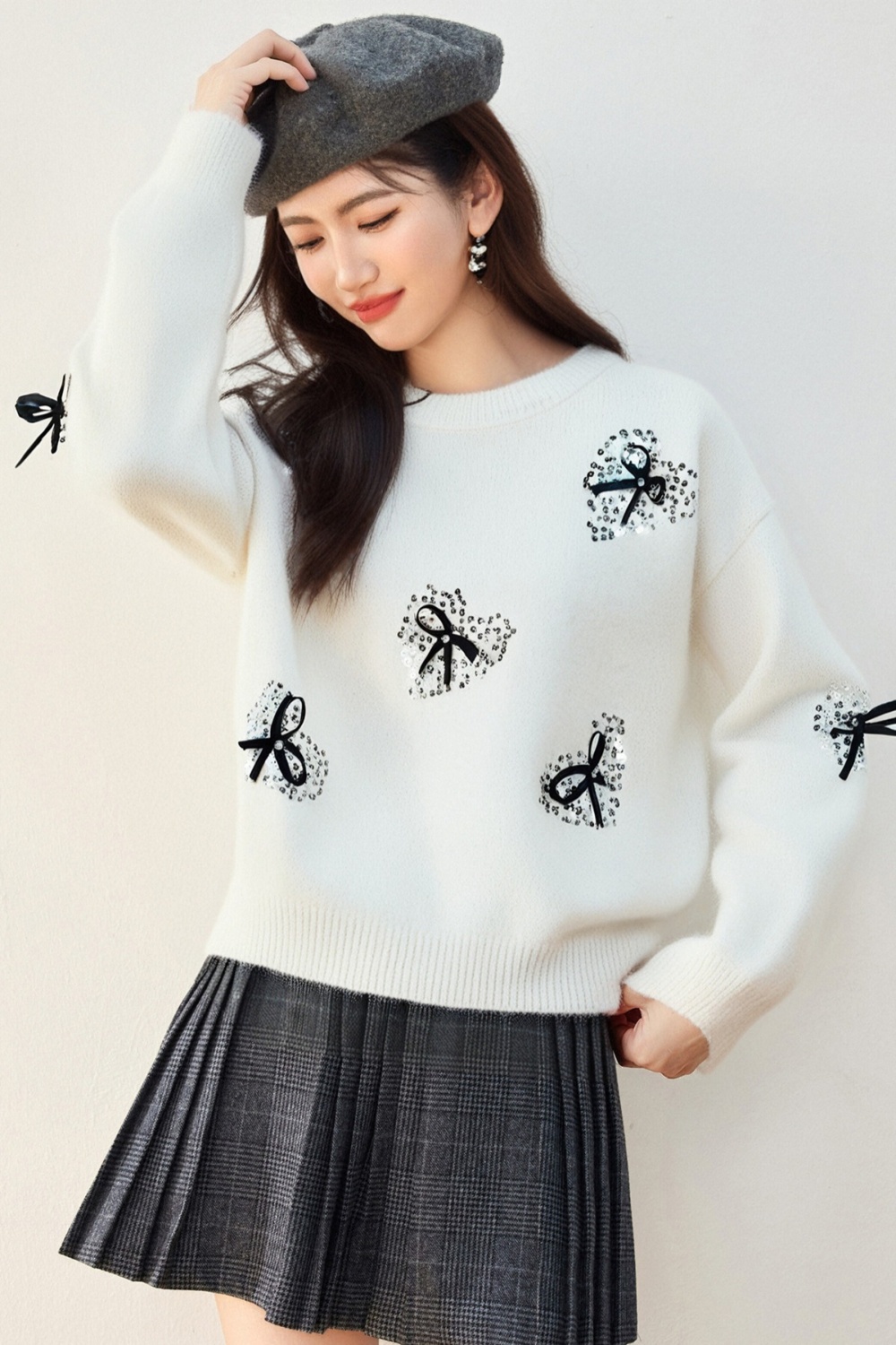 Red knitted sweater bow christmas bottoming shirt for women