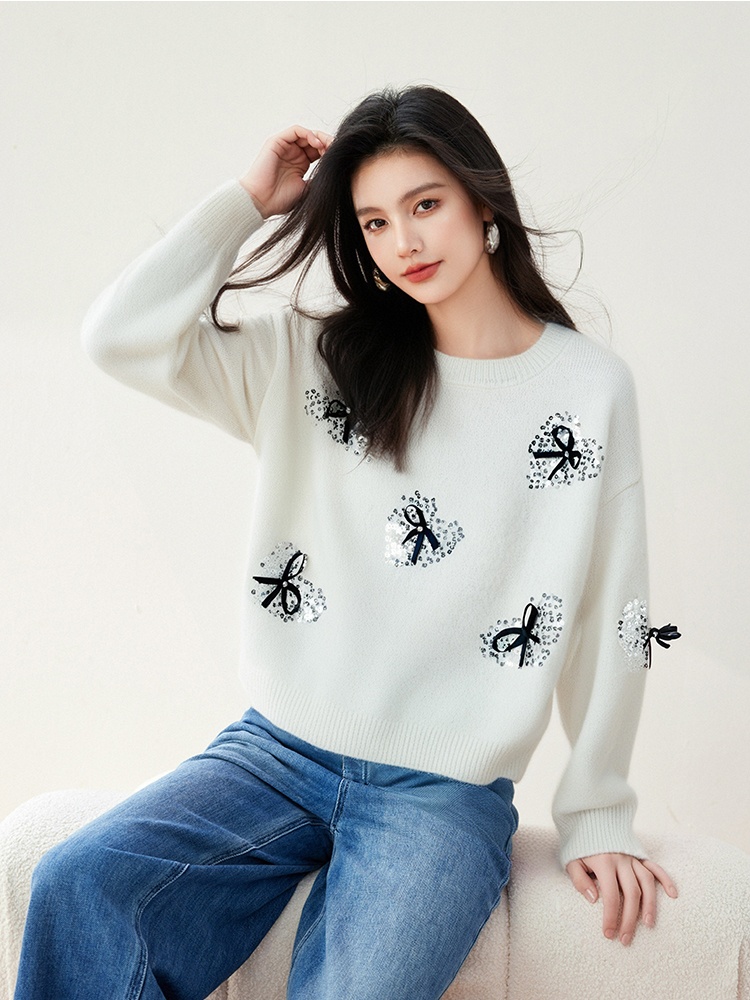 Red knitted sweater bow christmas bottoming shirt for women