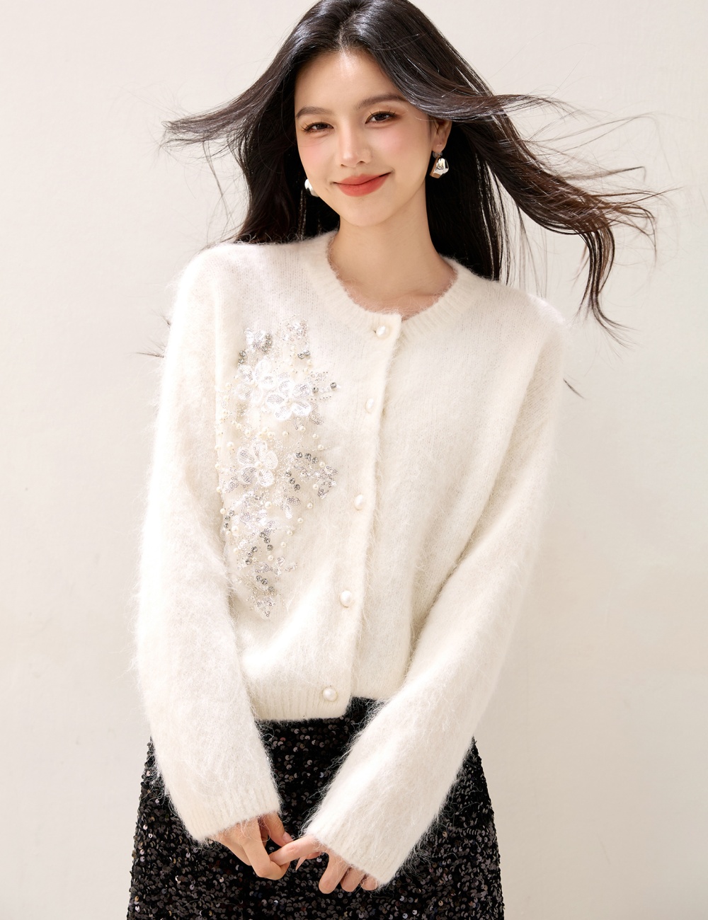 Knitted slim tender sweater pearl buckle all-match cardigan