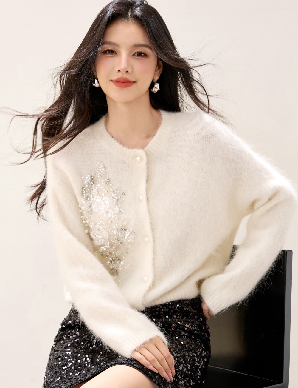 Knitted slim tender sweater pearl buckle all-match cardigan