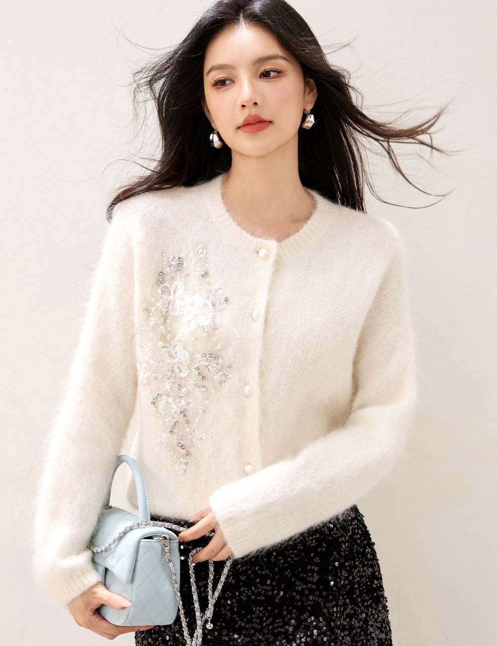 Knitted slim tender sweater pearl buckle all-match cardigan