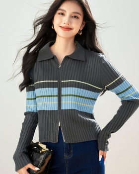 Lapel stripe sweater long sleeve tops for women