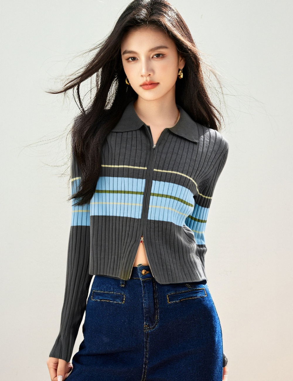 Lapel stripe sweater long sleeve tops for women