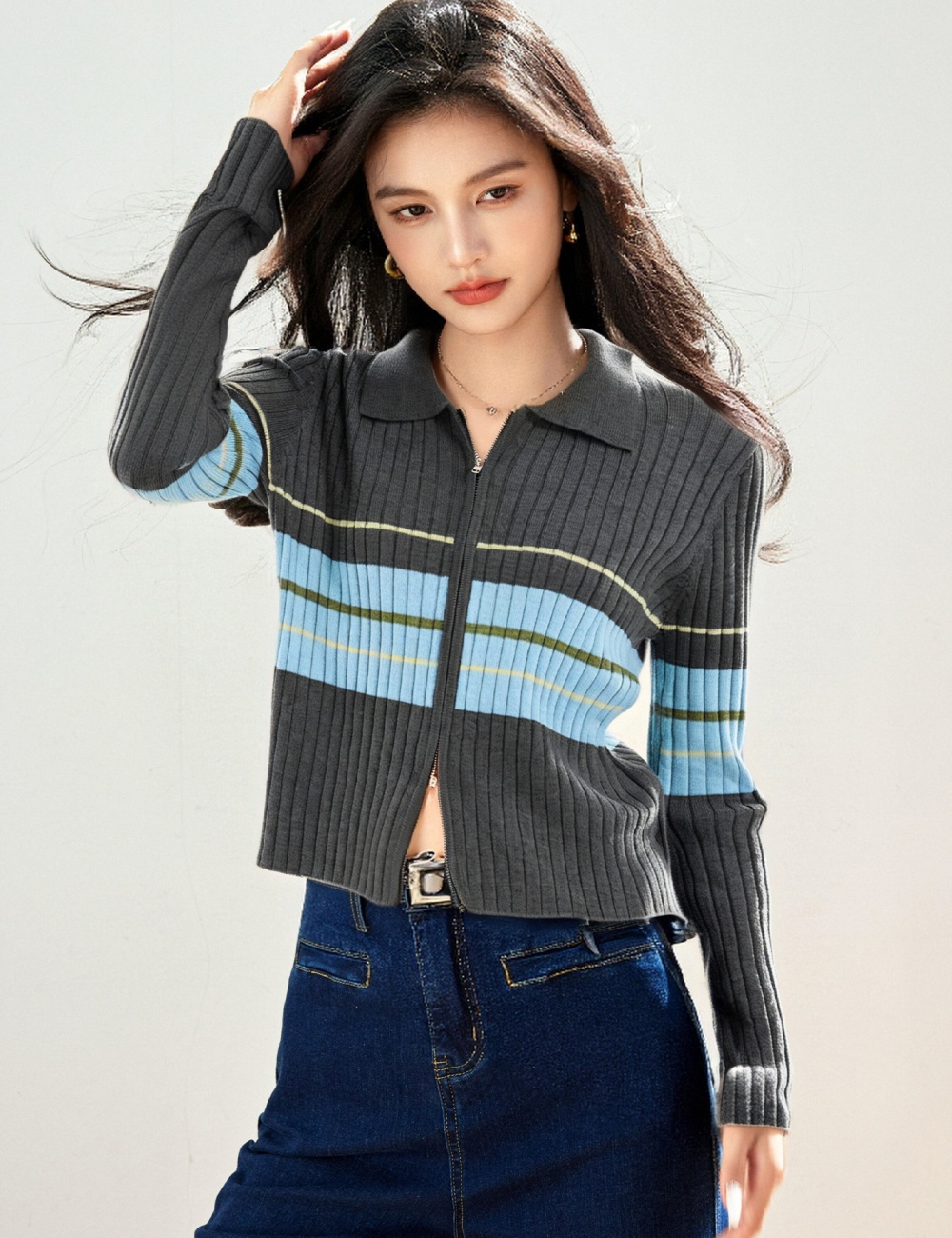 Lapel stripe sweater long sleeve tops for women