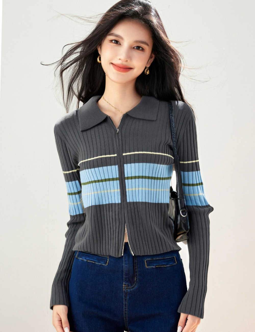 Lapel stripe sweater long sleeve tops for women