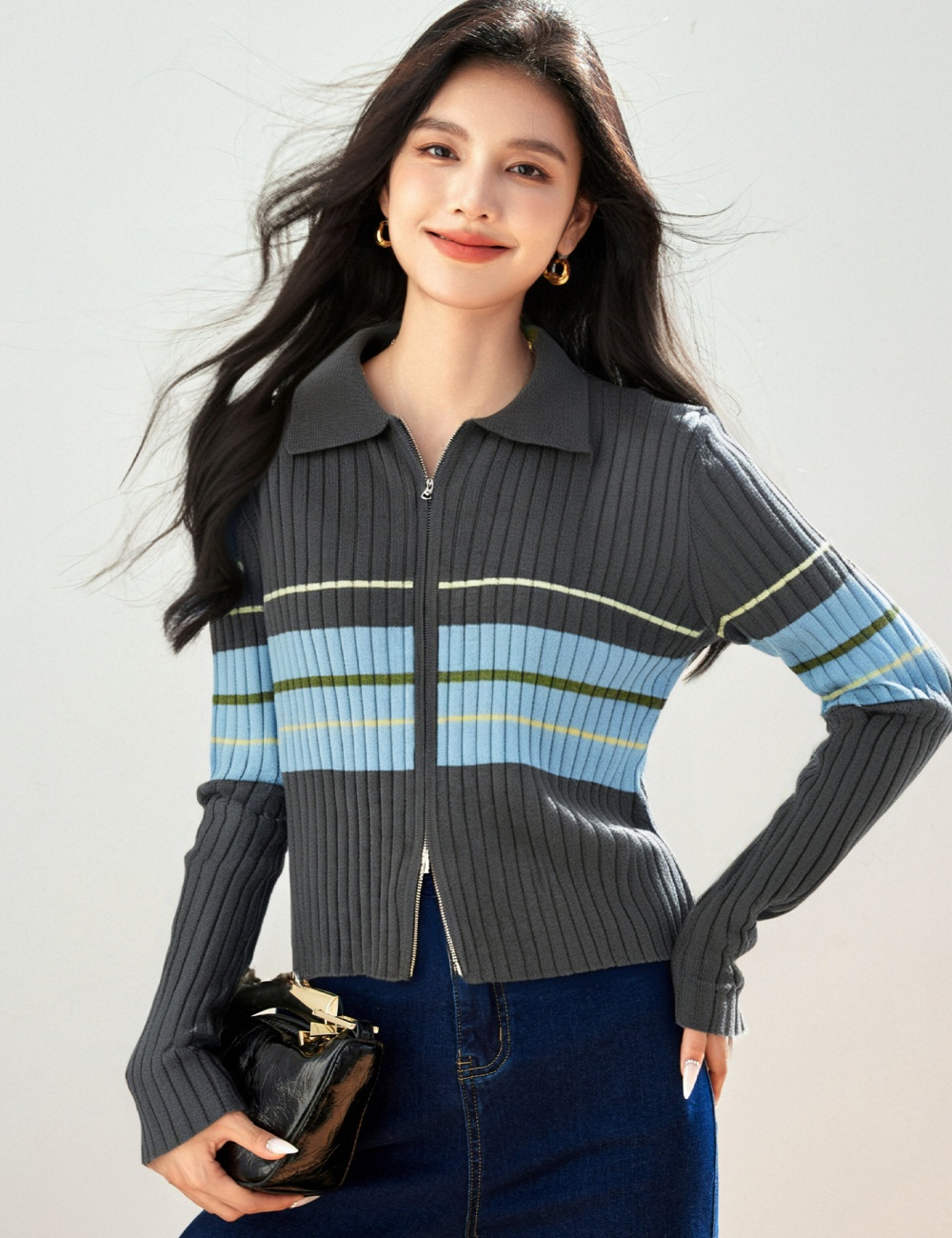Lapel stripe sweater long sleeve tops for women