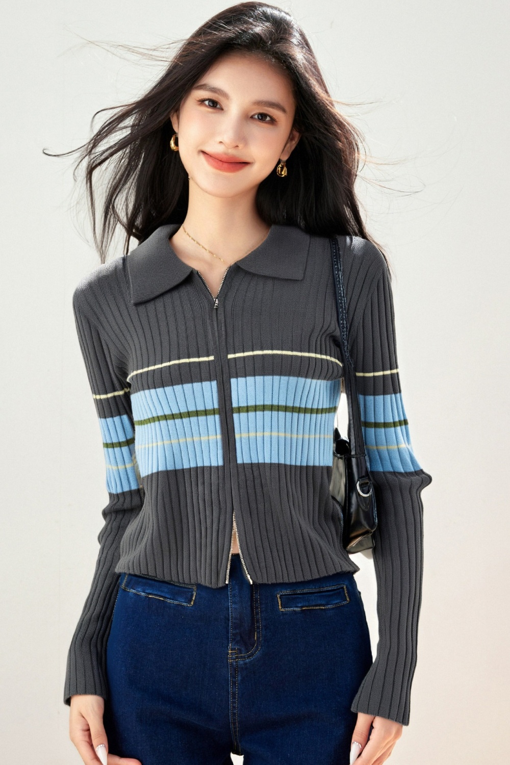 Lapel stripe sweater long sleeve tops for women