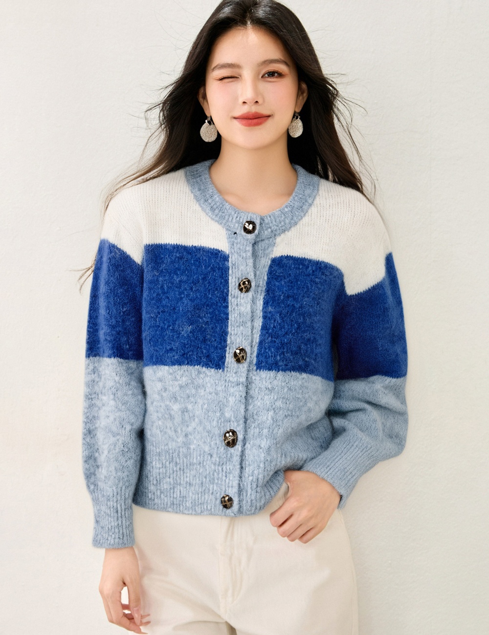 Lazy mixed colors short coat stripe knitted sweater for women