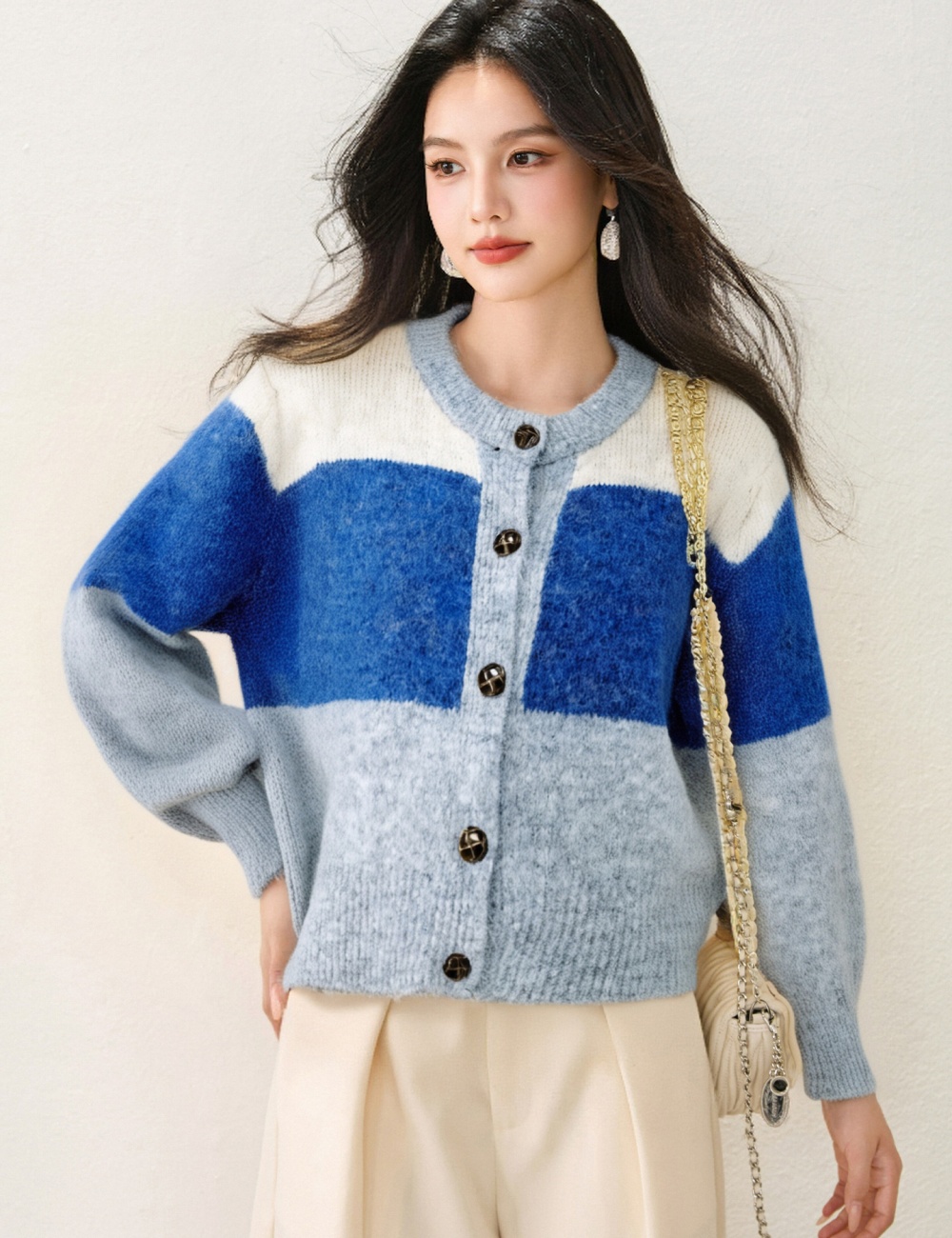 Lazy mixed colors short coat stripe knitted sweater for women