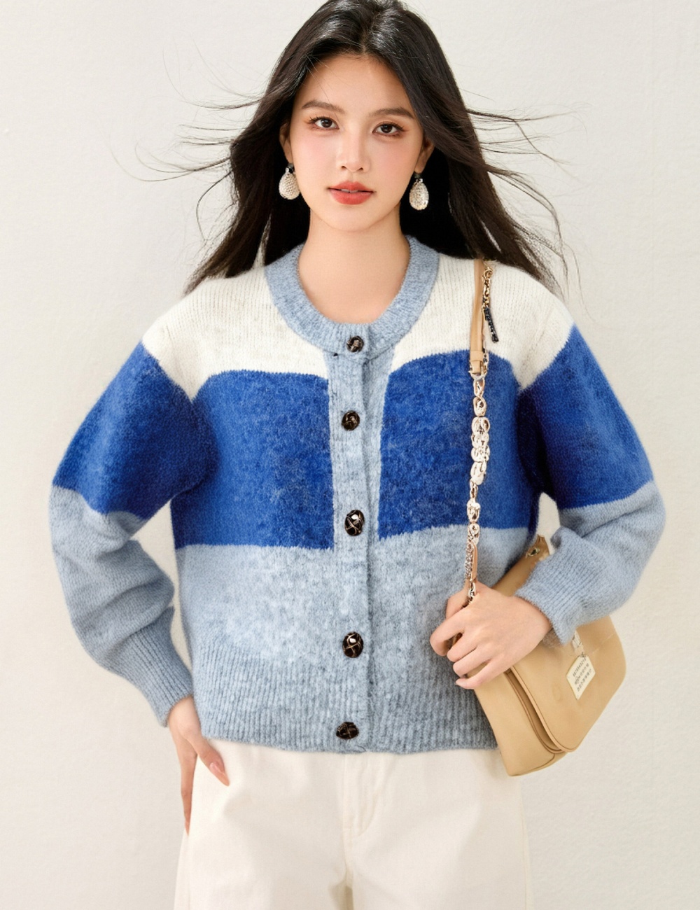 Lazy mixed colors short coat stripe knitted sweater for women
