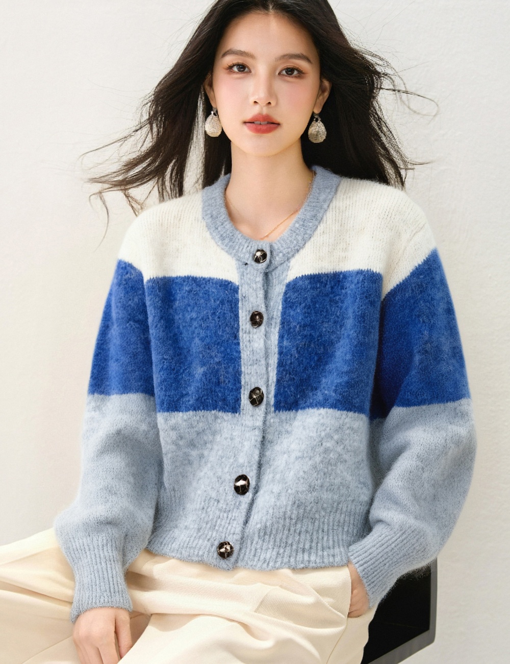 Lazy mixed colors short coat stripe knitted sweater for women