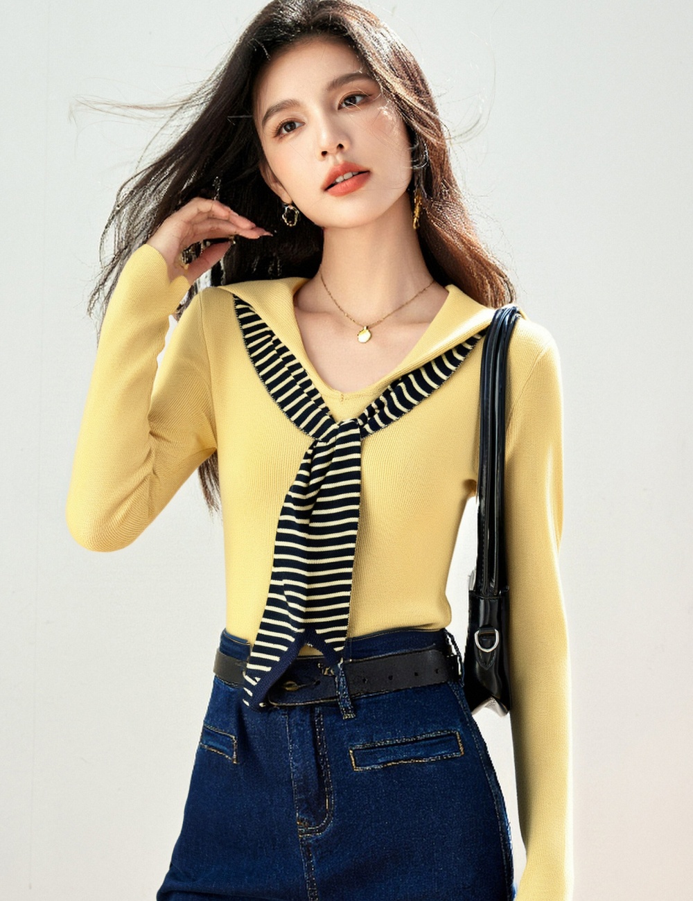 Simple long sleeve navy collar shawl Pseudo-two autumn tops