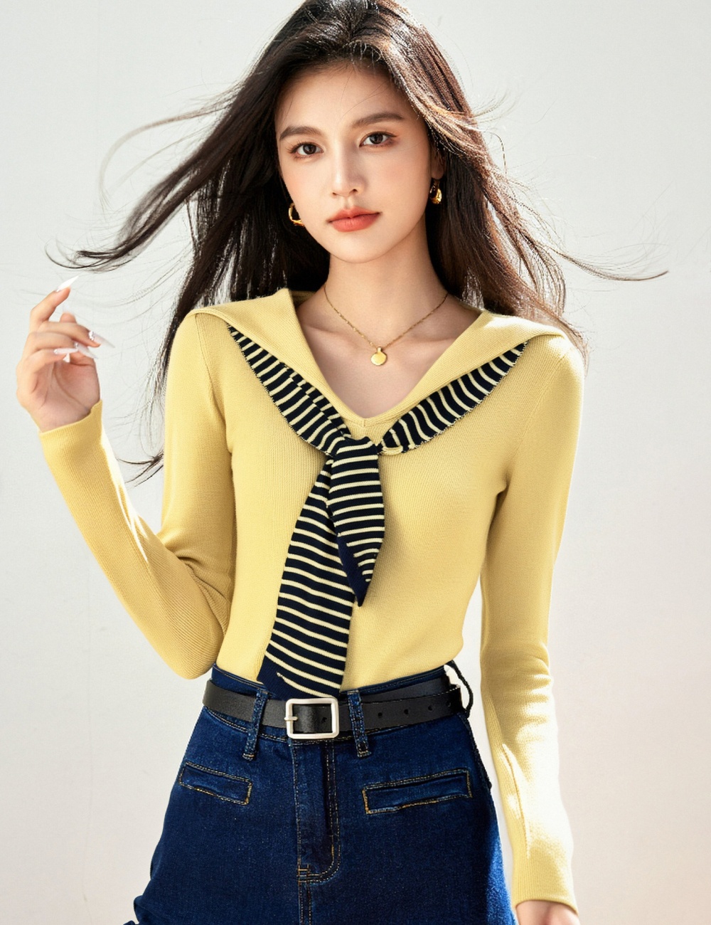 Simple long sleeve navy collar shawl Pseudo-two autumn tops