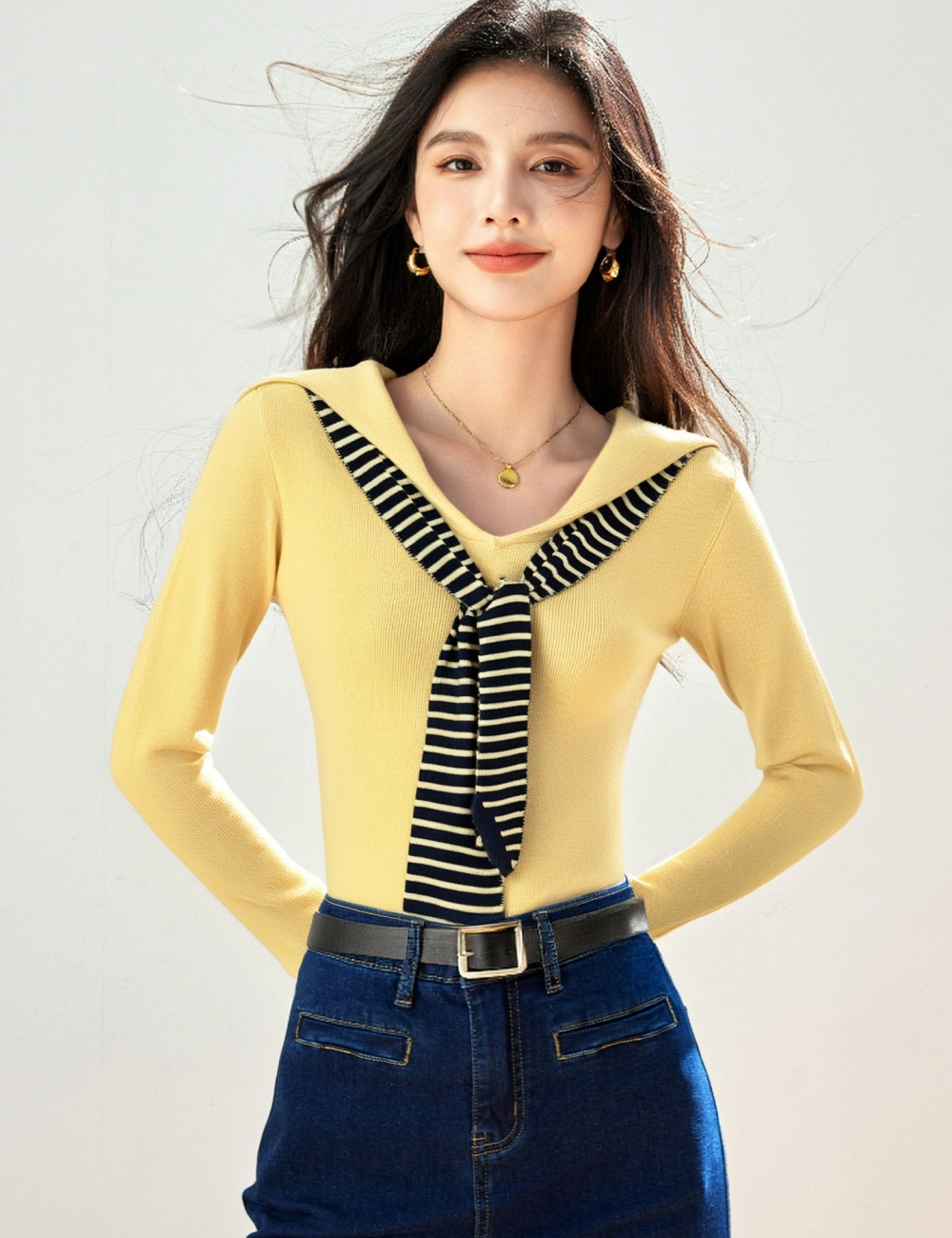 Simple long sleeve navy collar shawl Pseudo-two autumn tops