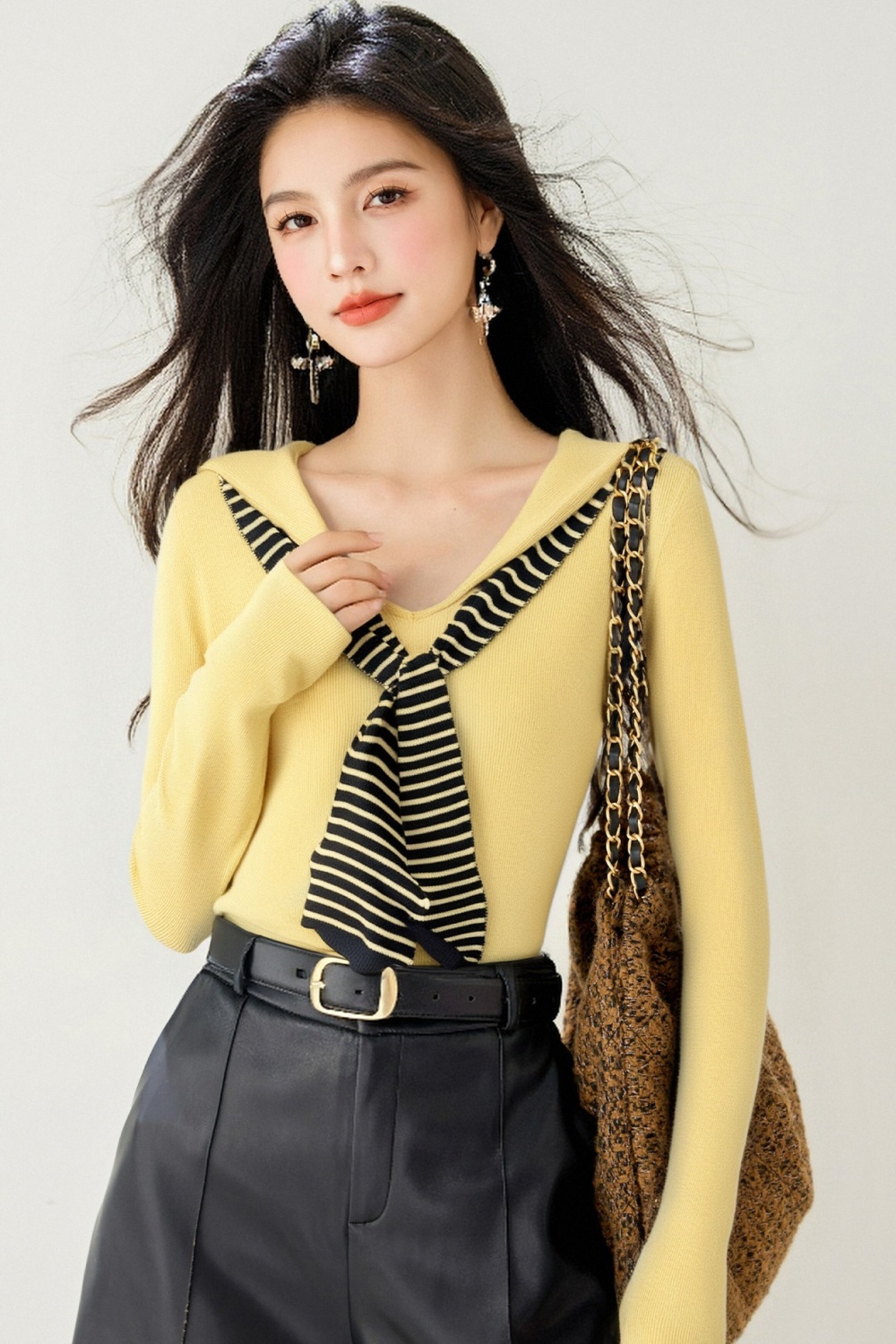 Simple long sleeve navy collar shawl Pseudo-two autumn tops