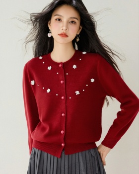 Autumn retro knitted tops beading jacquard cardigan for women