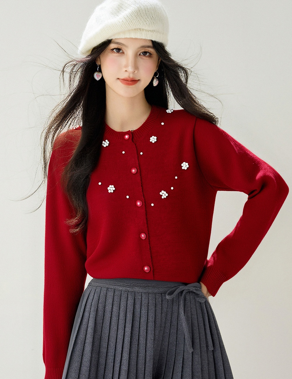 Autumn retro knitted tops beading jacquard cardigan for women