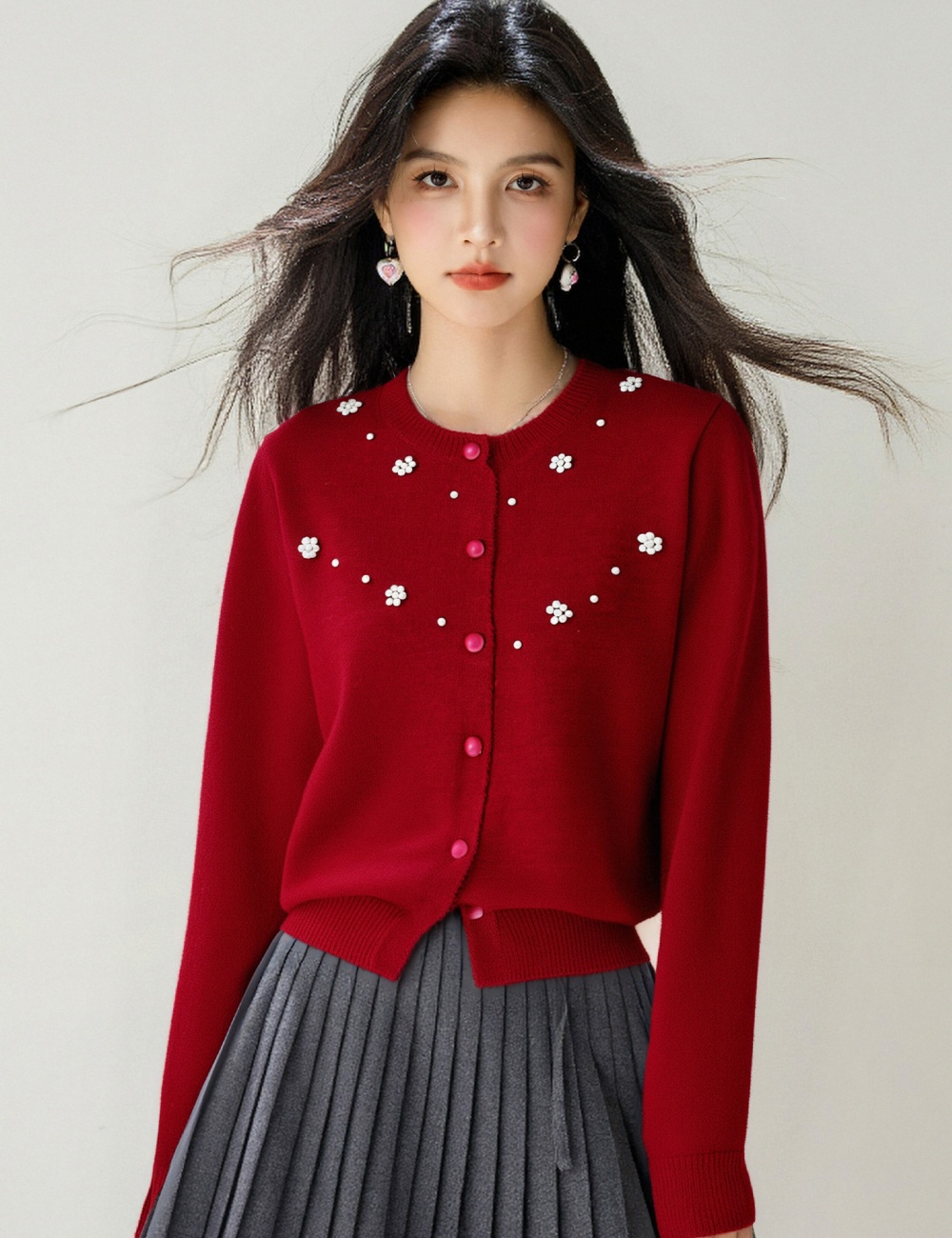 Autumn retro knitted tops beading jacquard cardigan for women