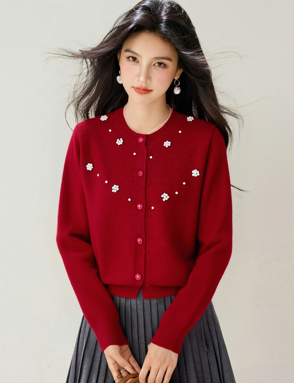 Autumn retro knitted tops beading jacquard cardigan for women