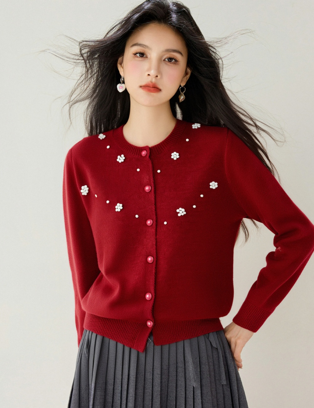 Autumn retro knitted tops beading jacquard cardigan for women