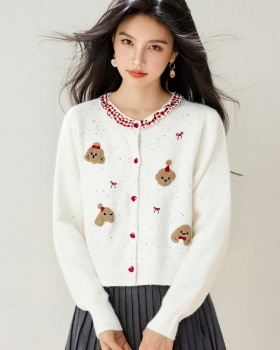 Bow embroidery round neck tops winter sweet cardigan for women