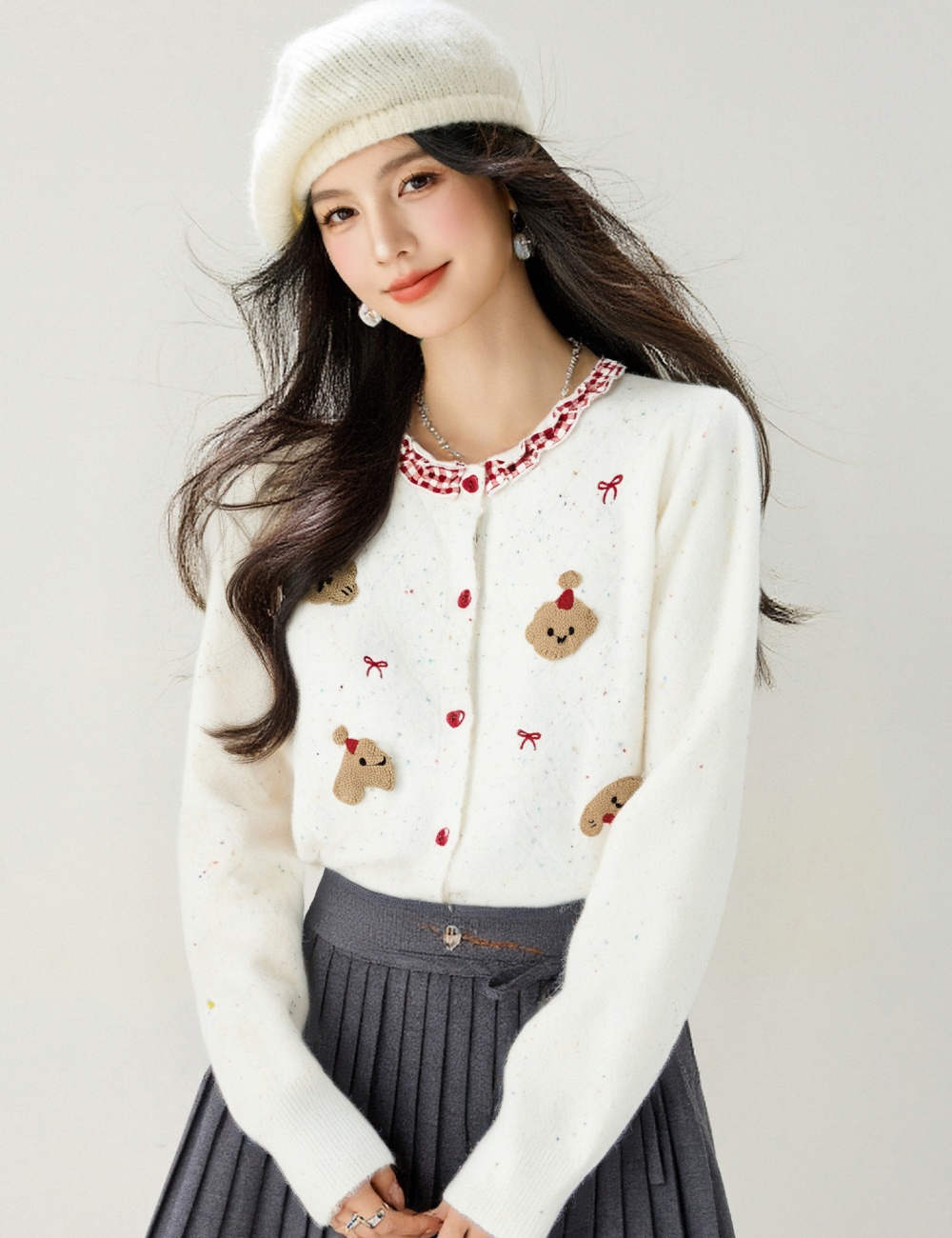 Bow embroidery round neck tops winter sweet cardigan for women