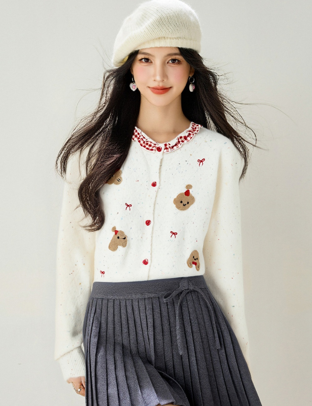 Bow embroidery round neck tops winter sweet cardigan for women