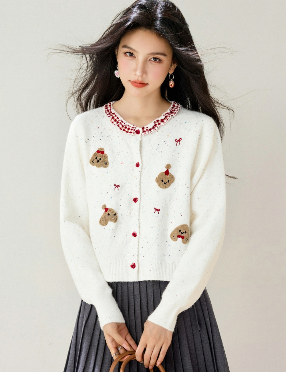Bow embroidery round neck tops winter sweet cardigan for women