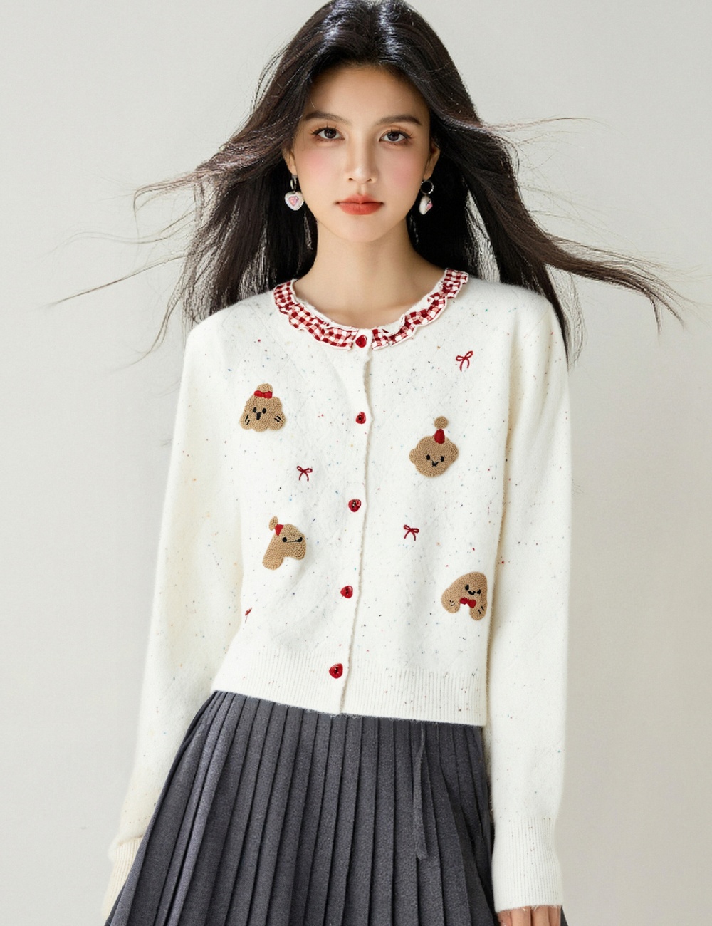 Bow embroidery round neck tops winter sweet cardigan for women