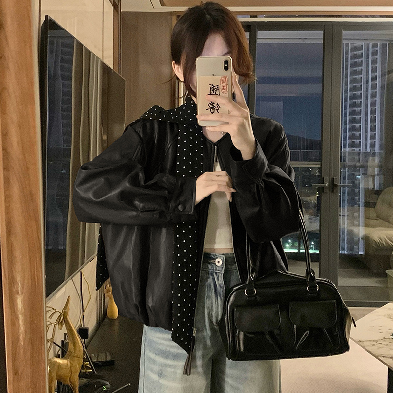 Retro jacket locomotive leather coat for women