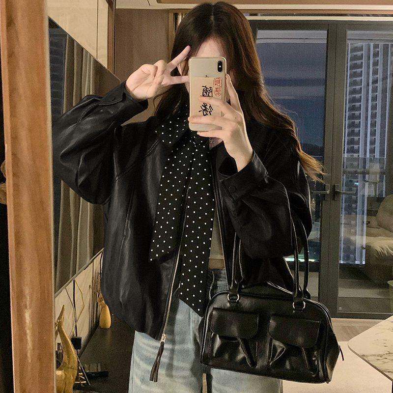 Retro jacket locomotive leather coat for women