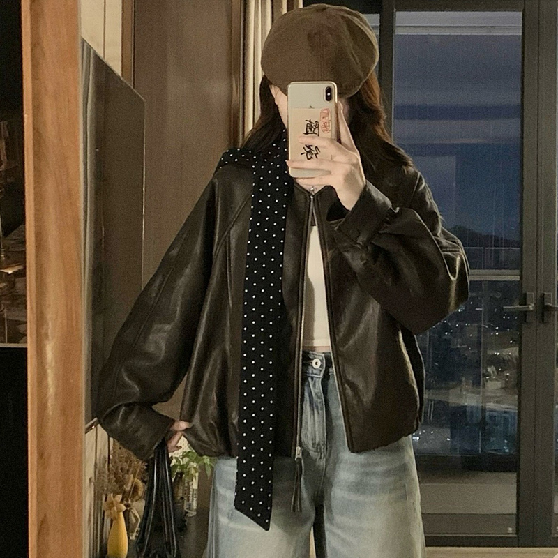 Retro jacket locomotive leather coat for women