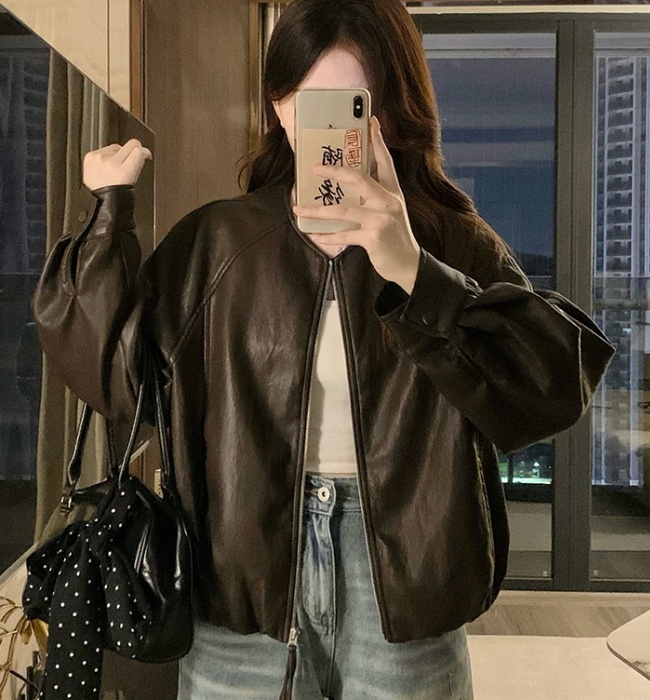 Retro jacket locomotive leather coat for women