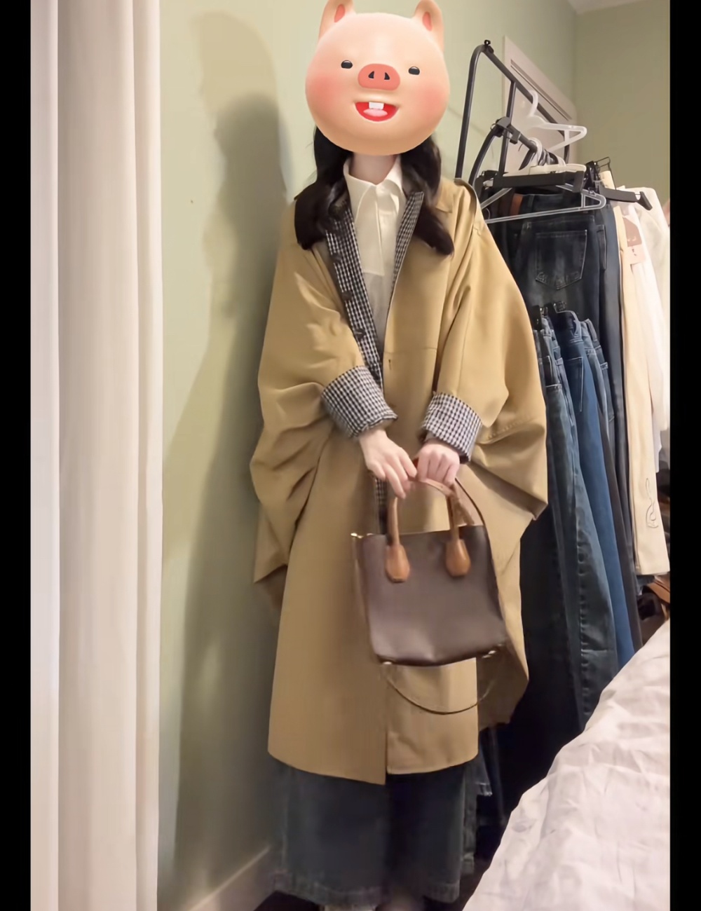 Wear plaid khaki autumn coat niche loose long overcoat