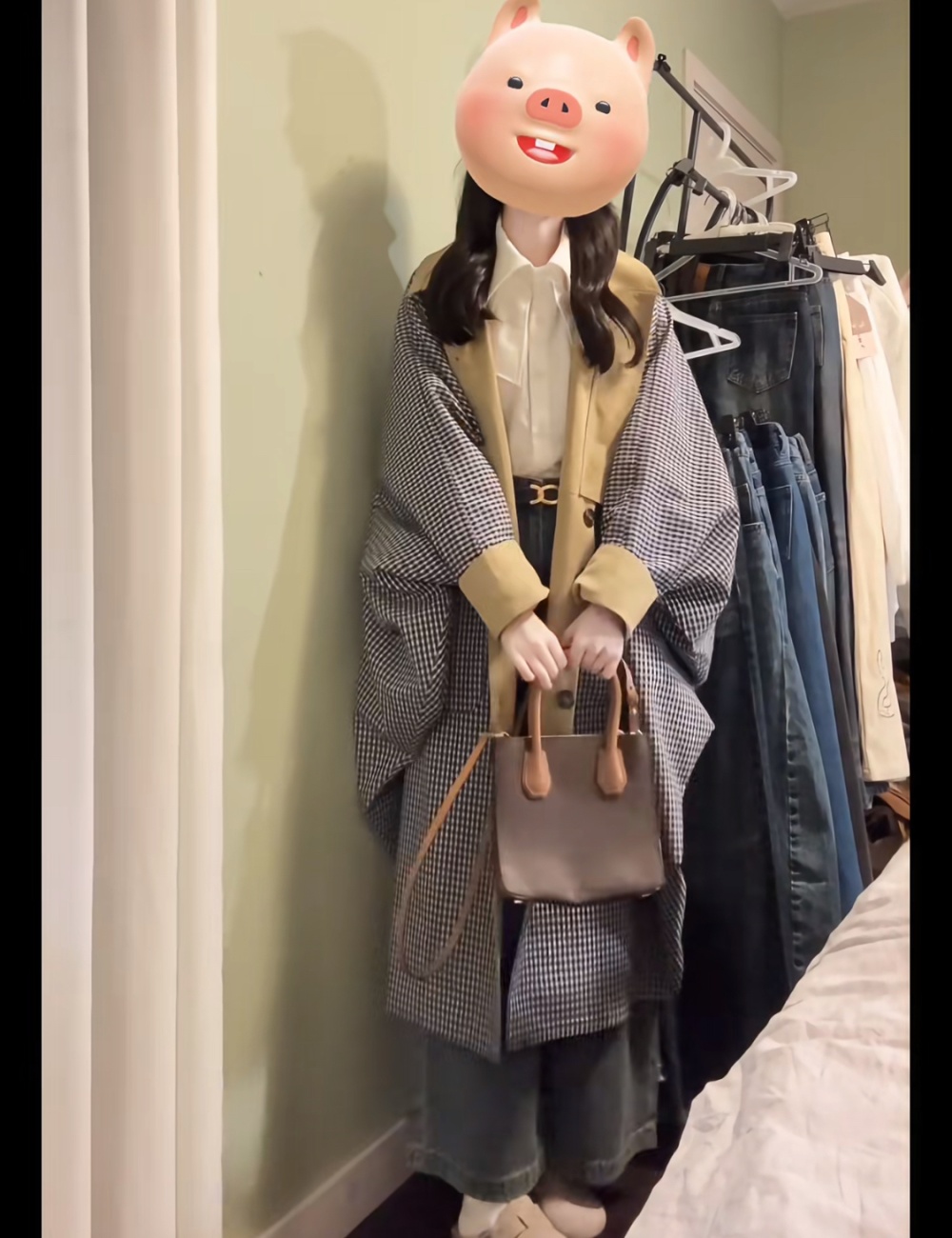 Wear plaid khaki autumn coat niche loose long overcoat