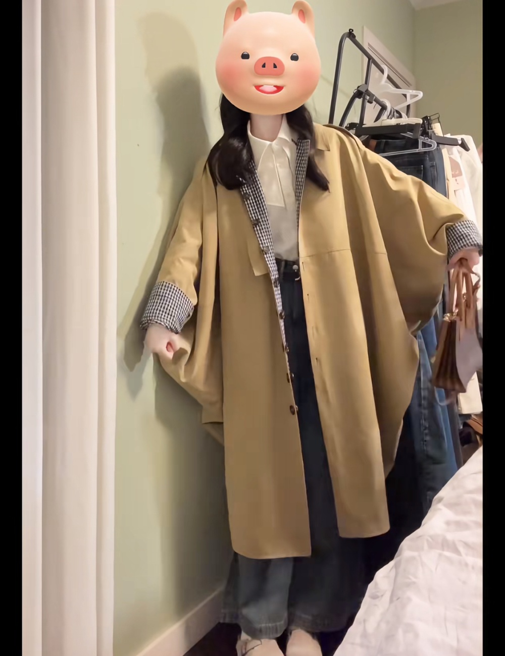 Wear plaid khaki autumn coat niche loose long overcoat