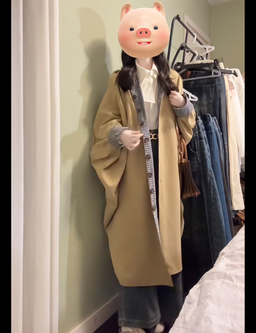 Wear plaid khaki autumn coat niche loose long overcoat