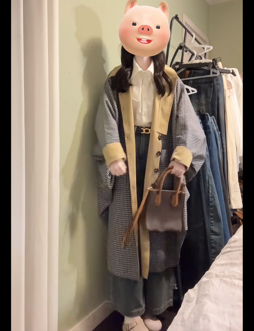 Wear plaid khaki autumn coat niche loose long overcoat