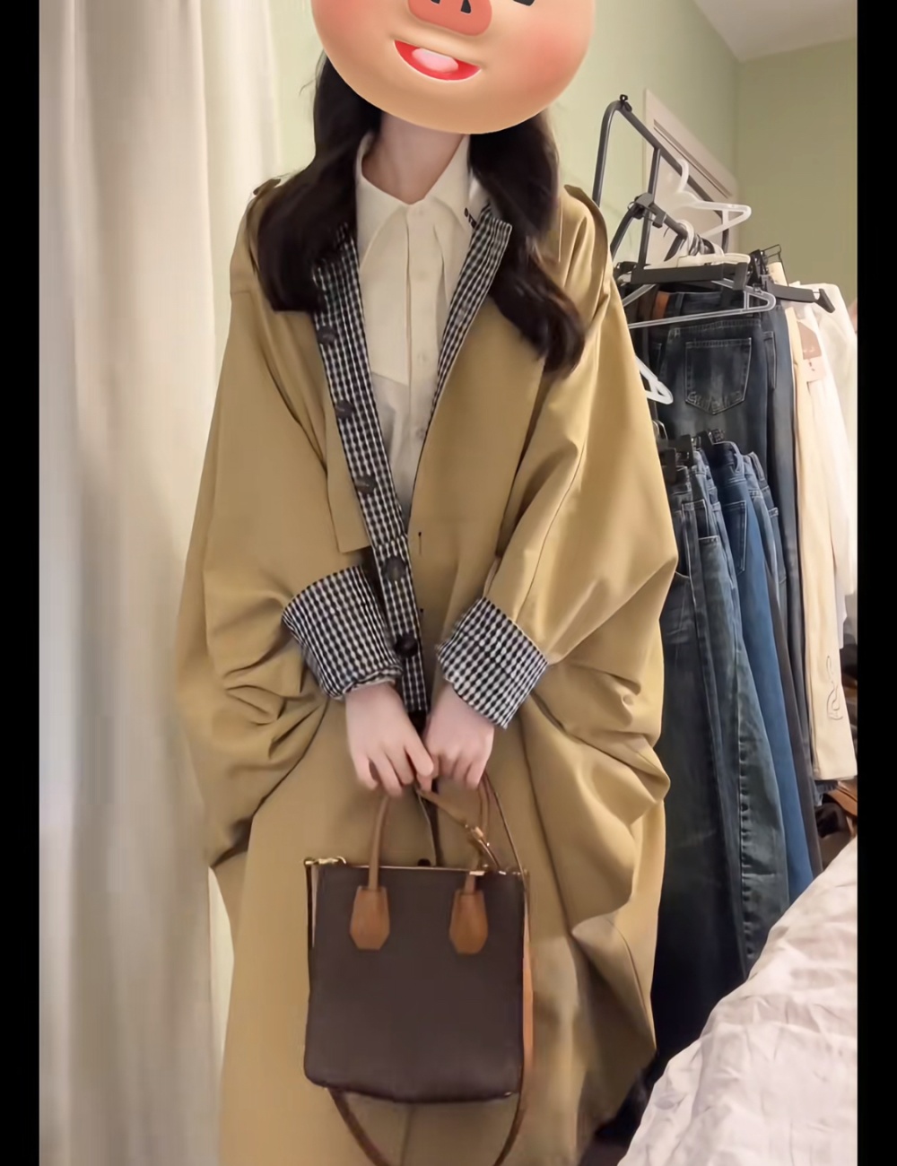 Wear plaid khaki autumn coat niche loose long overcoat