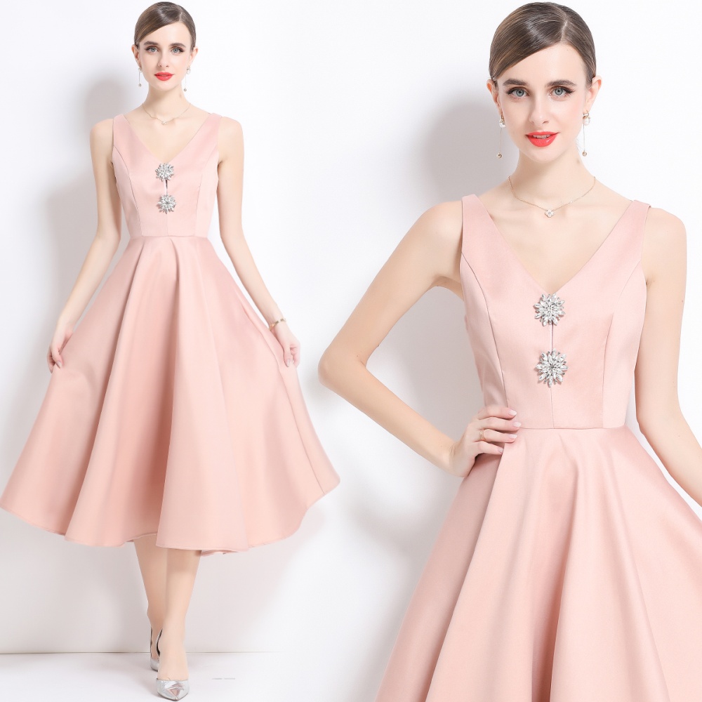 Slim temperament pinched waist rhinestone court style dress