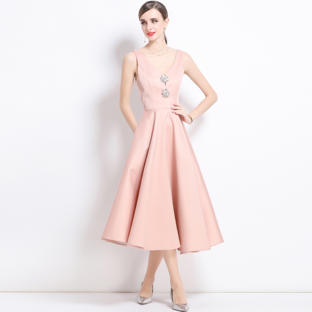 Slim temperament pinched waist rhinestone court style dress