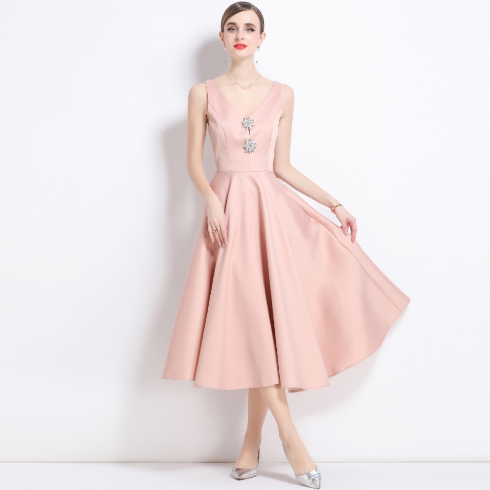Slim temperament pinched waist rhinestone court style dress