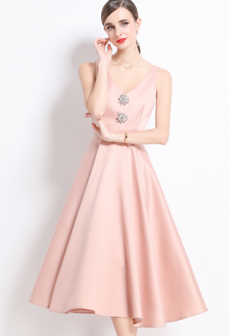 Slim temperament pinched waist rhinestone court style dress