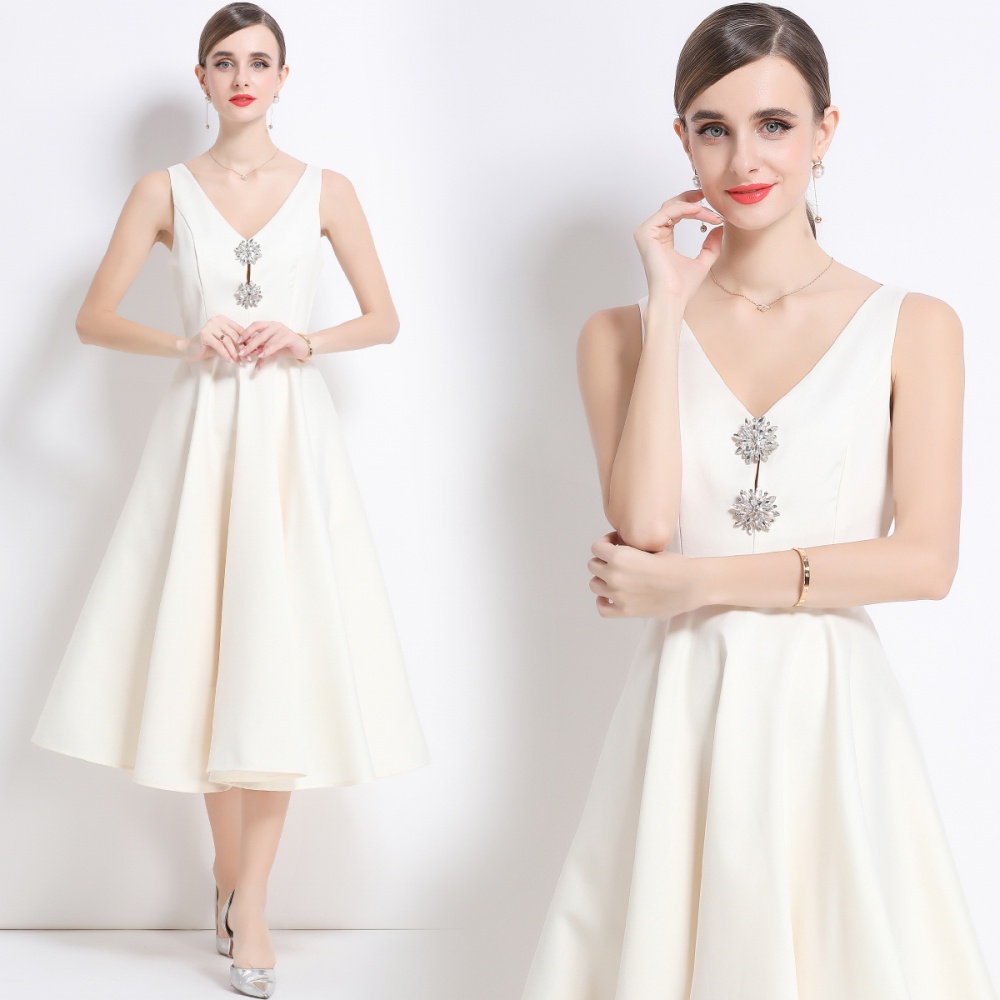 Pinched waist temperament slim court style V-neck dress