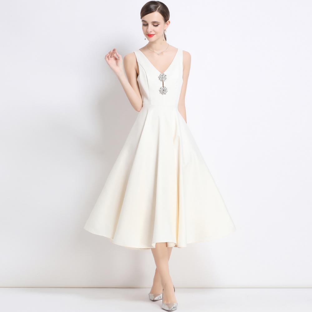 Pinched waist temperament slim court style V-neck dress
