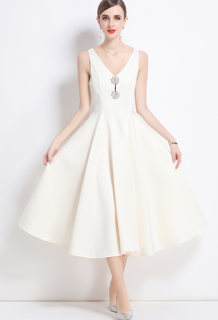 Pinched waist temperament slim court style V-neck dress